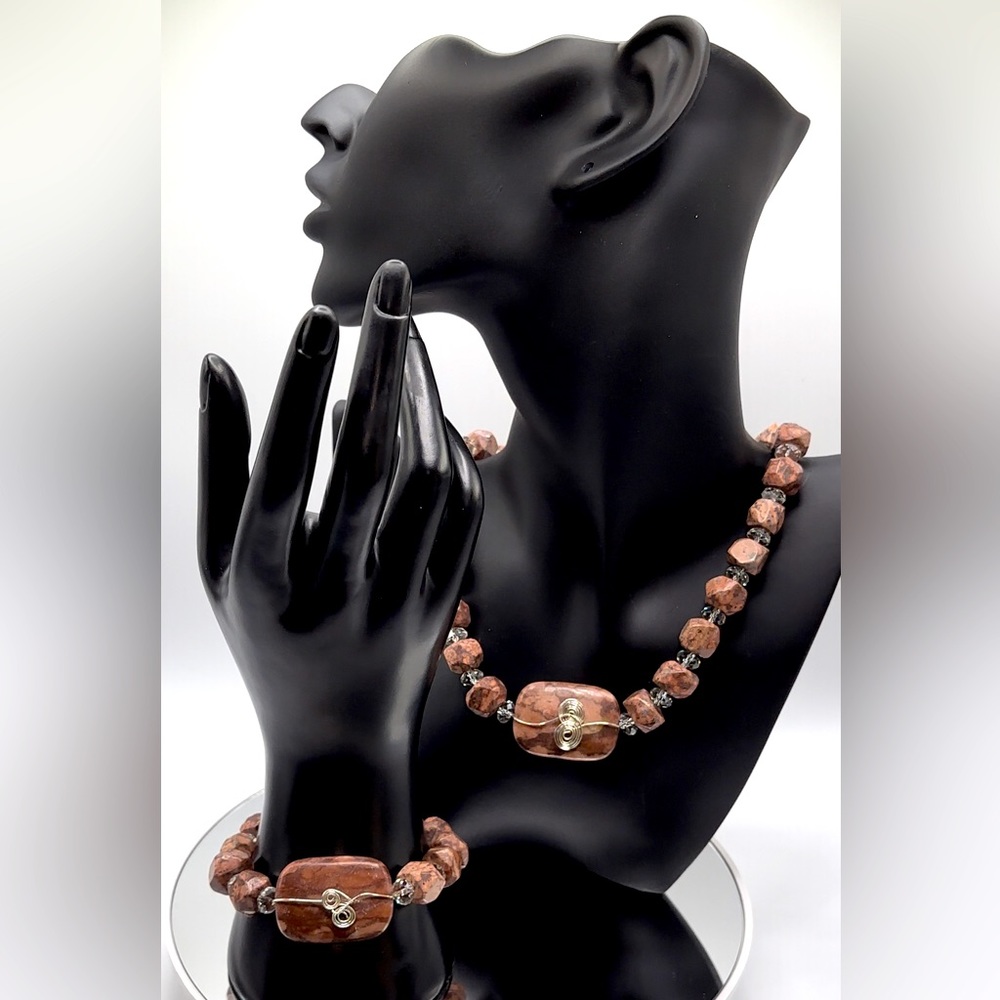 *RARE* Bark Agate White Austrian Crystal S925 Wire Necklace Bracelet Set